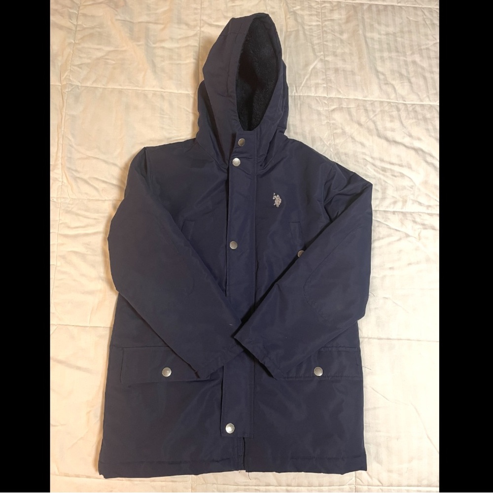 Polo Assn Ralph Lauren Hooded Puffer Jacket Kids Large 10-12 Navy Blue No Zipper